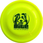 An image showing Latitude Bite - Opto Plastic Dog Disc, Yellow in color. A disc golf for frisbee