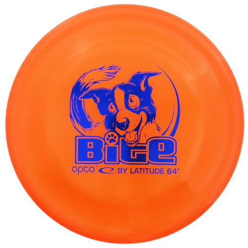 An image showing Latitude Bite - Opto Plastic Dog Disc, Orange in color. A disc golf for frisbee