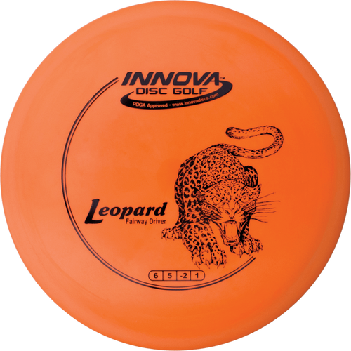 An image showing Innova Leopard - DX Plastic, orange in color. A disc golf for frisbee